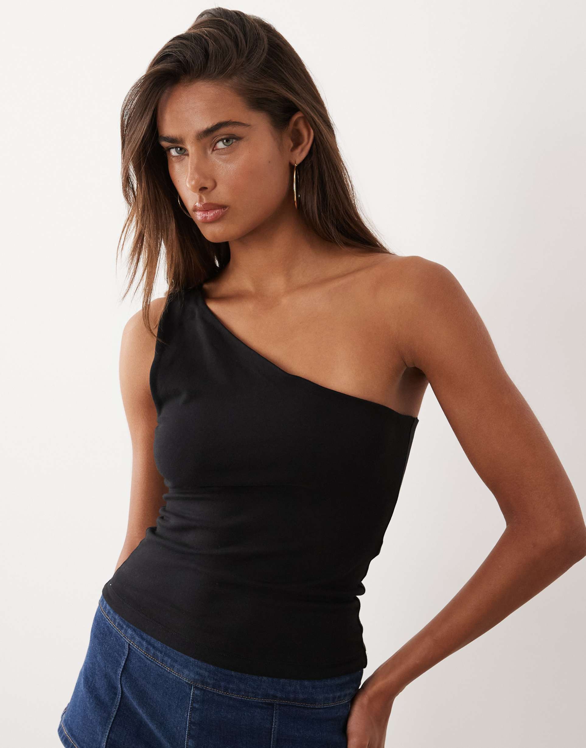 good american cotton super stretch one shoulder top in black