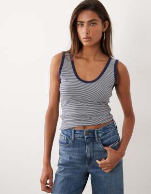 Good American Cotton Super Stretch Scoop Neck Ringer Tank Top In Blue