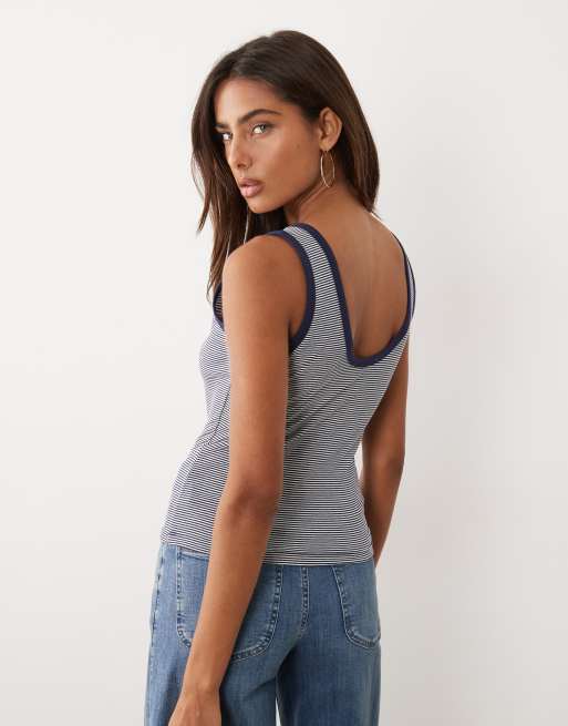 Good American cotton super stretch scoop neck ringer tank top in navy stripe, 4 of 4