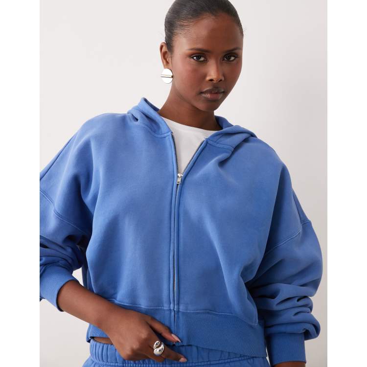 Good American cotton zip front cropped hoodie in washed blue