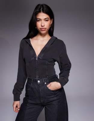 Good American - Cropped-Kapuzenjacke aus reiner Baumwolle in Schwarz mit V-Ausschnitt, Kombiteil