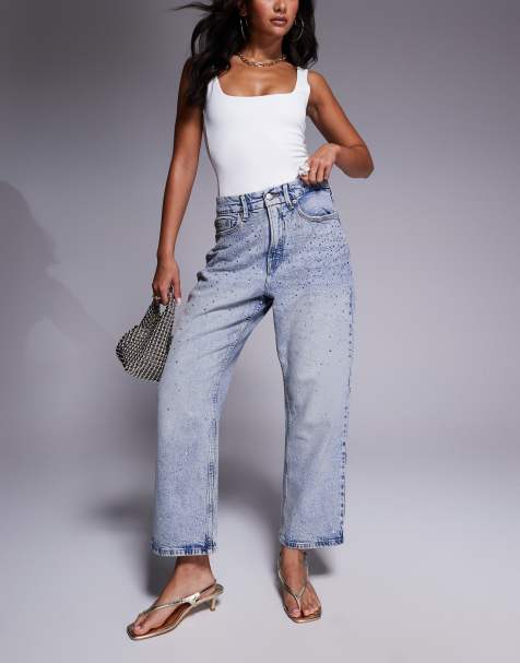 Good American crystal stars good 90s cropped jeans in light blue