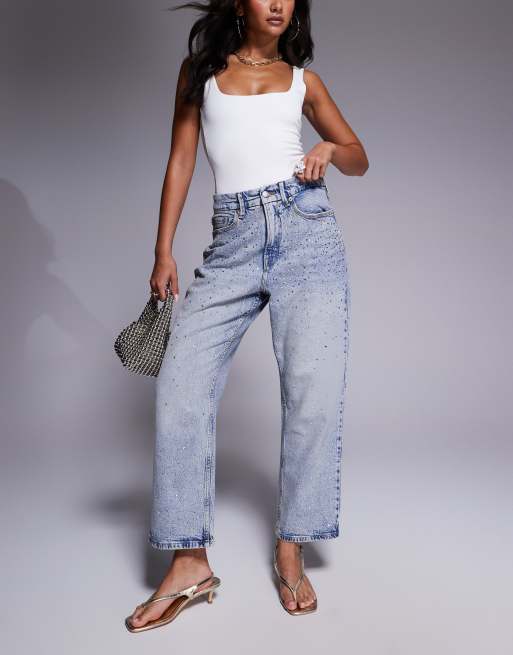 Good American crystal stars good 90s cropped jeans in light blue