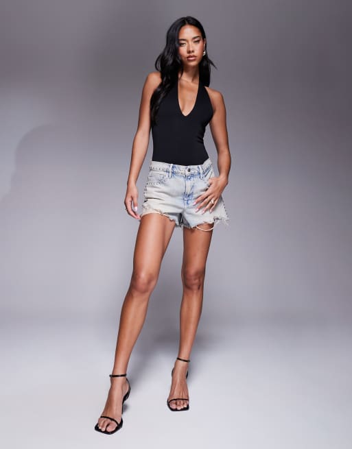 Good American – Czarne body z dekoltem halter w szpic z materiału nurek