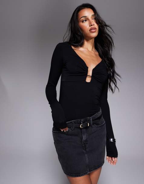 Good American jersey u-wire long sleeve top in black