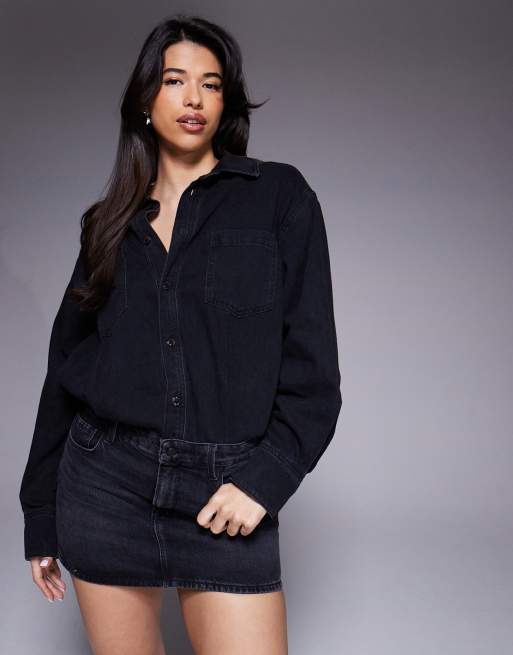 Good American denim 2 in 1 mini shirt dress in black, 2 of 4