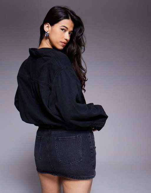 Good American denim 2 in 1 mini shirt dress in black, 3 of 4