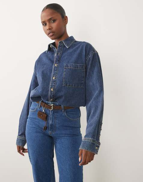 Good American denim boxy button down shirt in mid blue wash - view 1