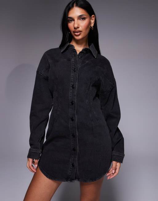 Good American denim cinched waist curved hem shirt dress in black, 2 of 4