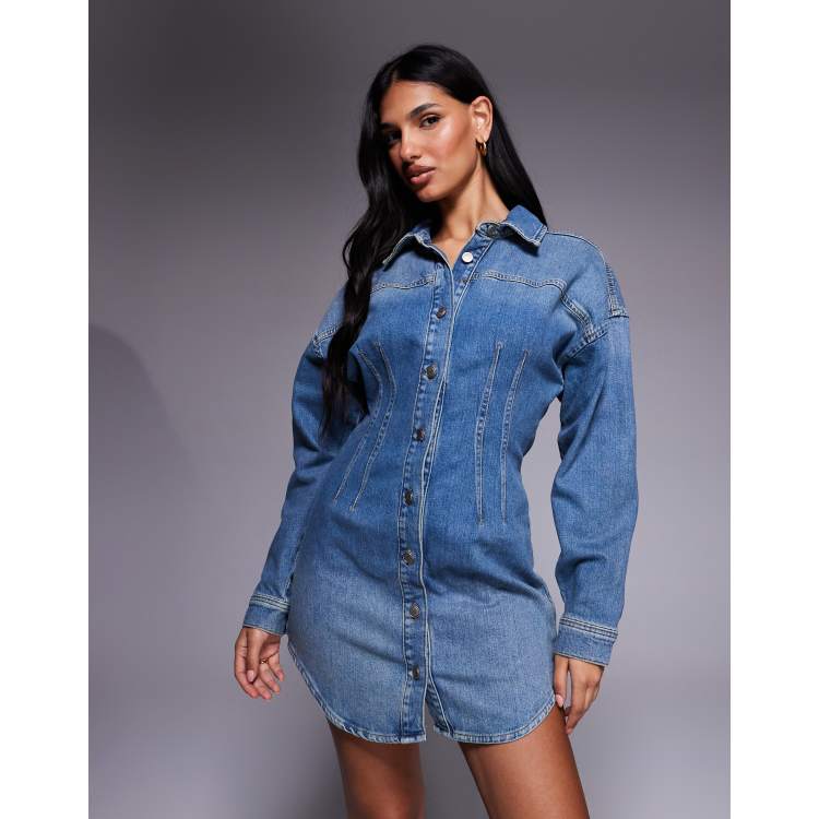 white christmas dresses Long Sleeve Chinched Waist Denim Shirt Dress main image 0