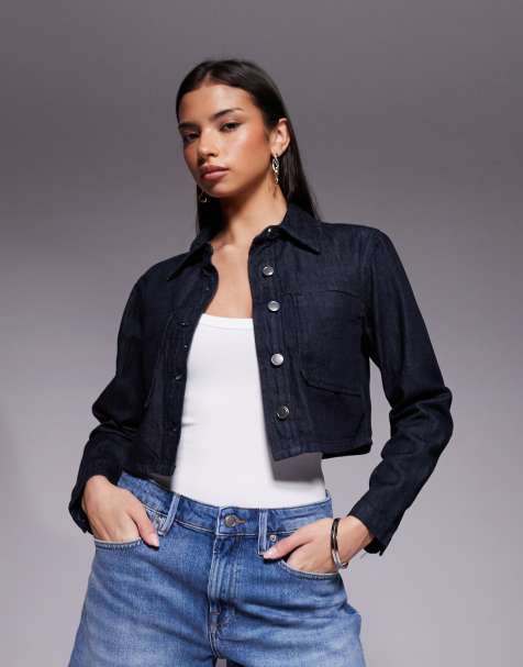 Good American denim cropped jacket in dark blue wash (part of a set) - view 1