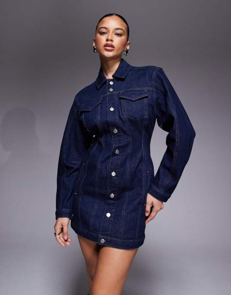 Good American - Denim mini overhemdjurk met knopen en wijde mouwen in indigo blauw - view 1