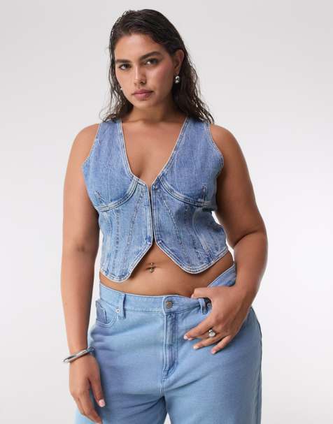 Good American denim vest in mid blue - view 1