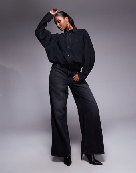 Good American double denim 2 in 1 shirt jumpsuit in black - view 1
