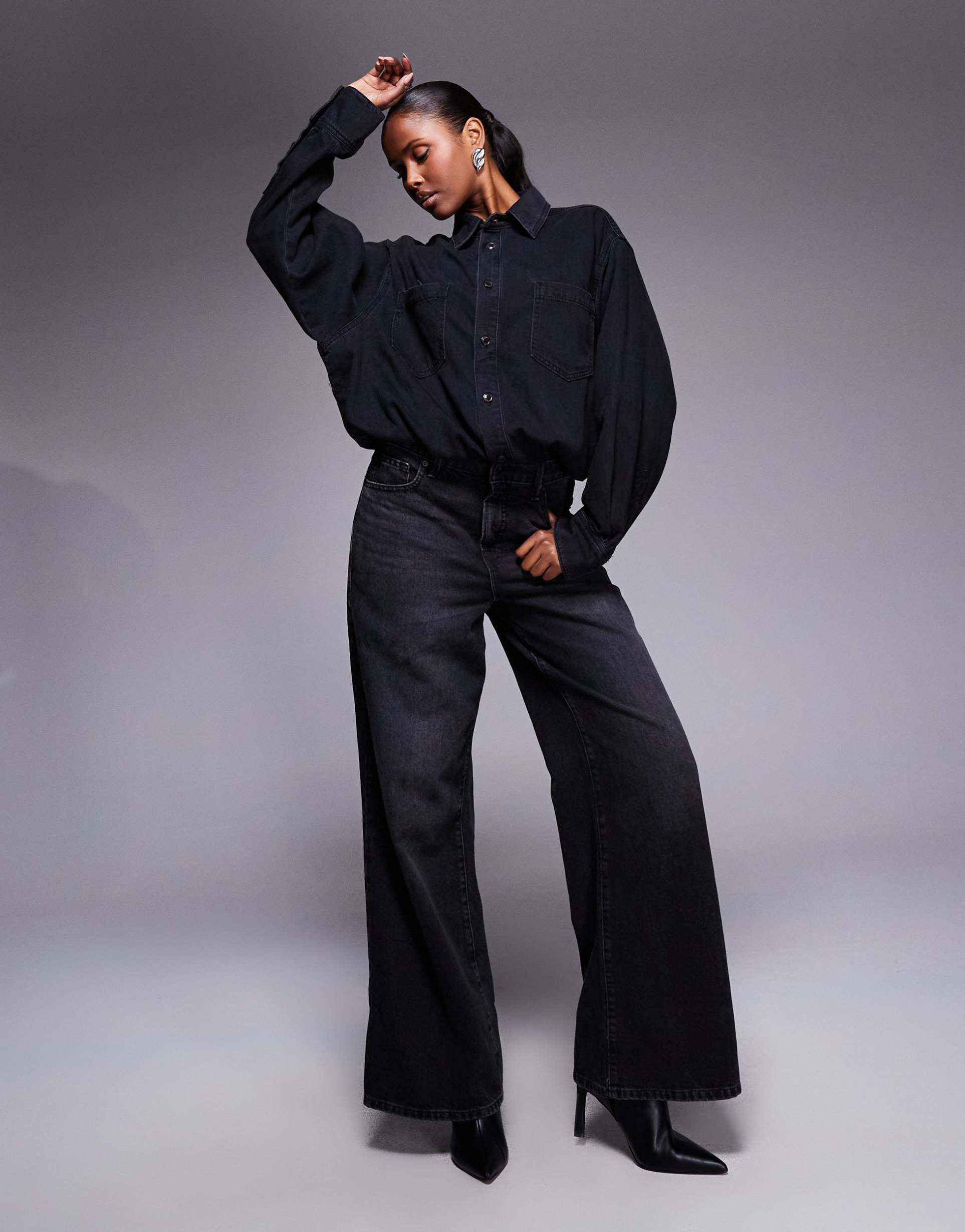 good american double denim 2-in-1 shirt jumpsuit in black