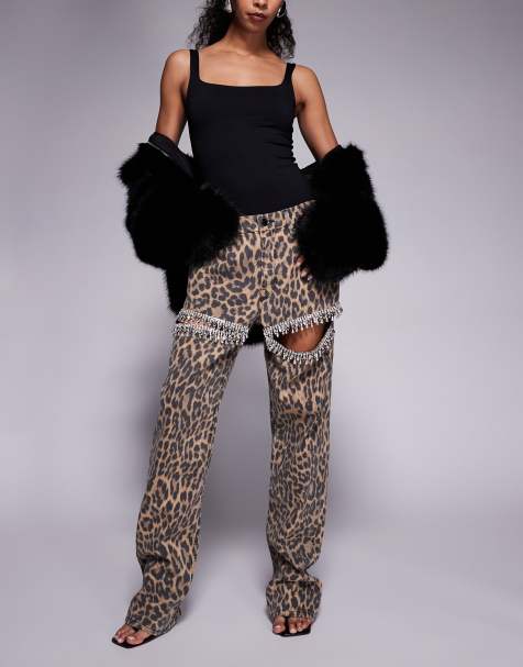 Good American embellished drop crystal trim cut out straight leg jeans in leopard print - view 1