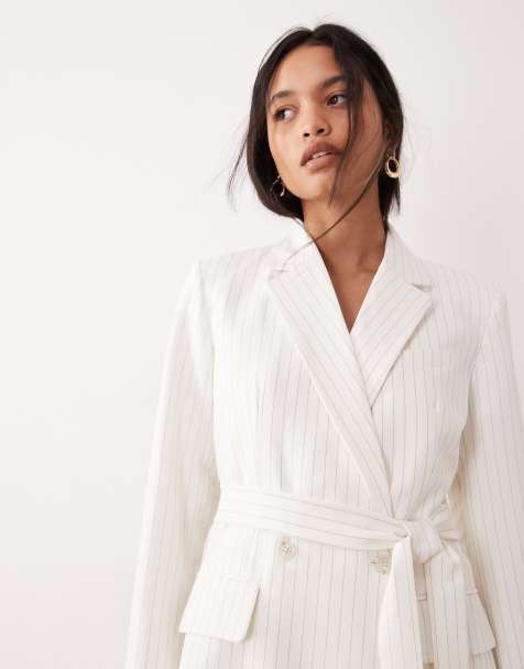 Good american essential suiting belted blazer in cream pinstripe (pat of a set) - view 1