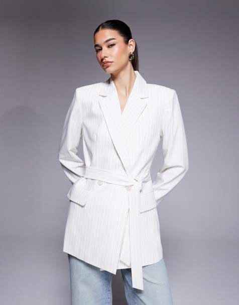 Good American essential suiting belted blazer in cream pinstripe - view 1