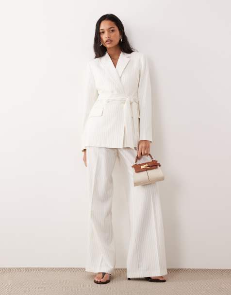 Good American essential suiting gathered pleat detail wide leg pants in cream pinstripe (part of a set) - view 1