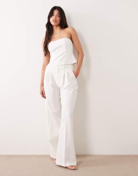 Good American essential suiting gathered pleat detail wide leg trousers co-ord in cream pinstripe - view 1