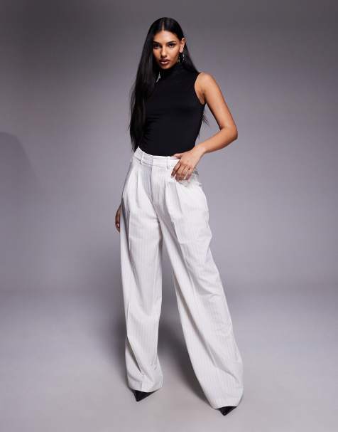 Good American essential suiting gathered pleat detail wide leg trousers co-ord in cream pinstripe