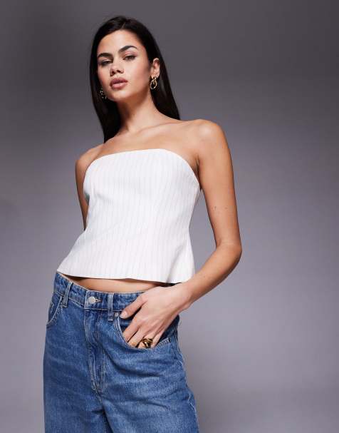 Good american essential suiting strapless top co-ord in cream pinstripe  - view 1