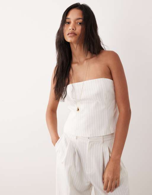 Good American essential suiting strapless top in cream pinstripe (part of a set) , 2 of 4