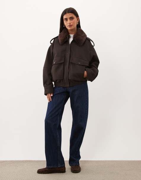 Good American faux fur collar jacket with cargo pockets in chocolate brown - view 1