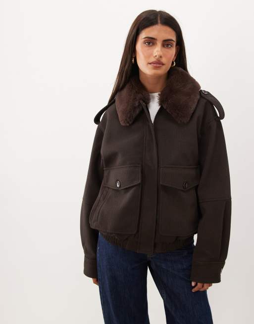 Good American faux fur collar jacket with cargo pockets in chocolate brown, 2 of 4