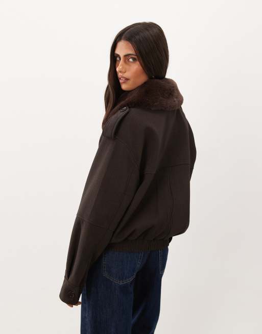 Good American faux fur collar jacket with cargo pockets in chocolate brown, 4 of 4
