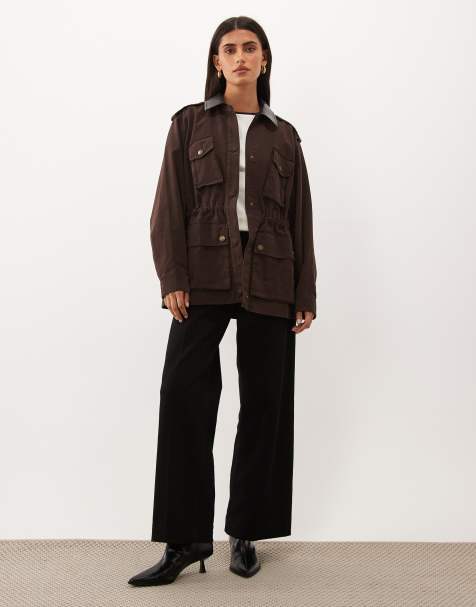 Good American faux leather collar field jacket in chocolate brown - view 1