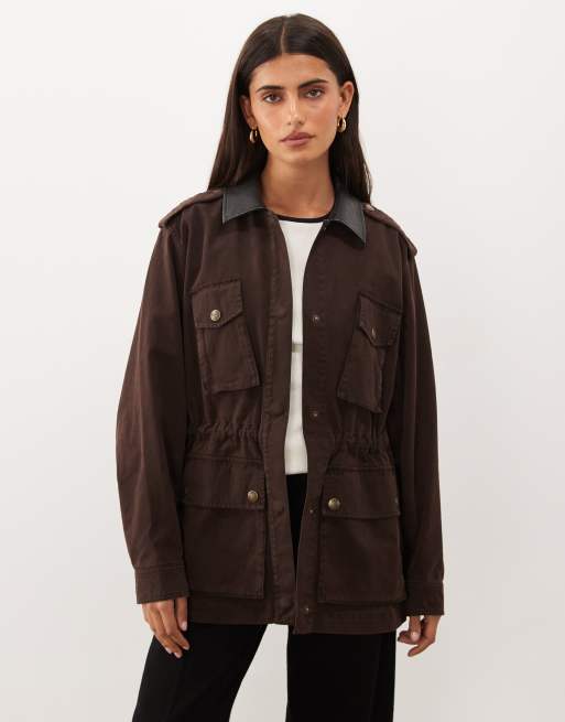 Good American faux leather collar field jacket in chocolate brown, 2 of 4