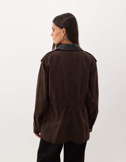 Good American faux leather collar field jacket in chocolate brown, 4 of 4