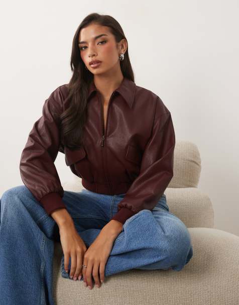 Good American faux leather cropped bomber jacket in burgundy - view 1