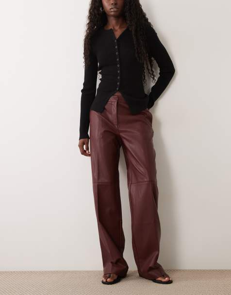 Good American faux leather low rise straight leg trousers in burgundy - view 1