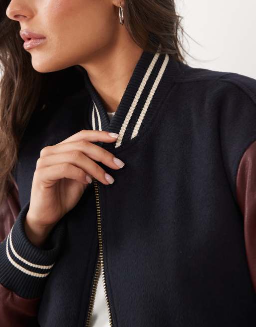 Good American faux leather varsity jacket in navy, 3 of 4