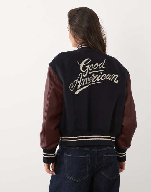 Good American faux leather varsity jacket in navy, 4 of 4