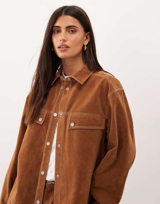 Good American faux suede oversized shirt co-ord in cafe clay, 2 of 4