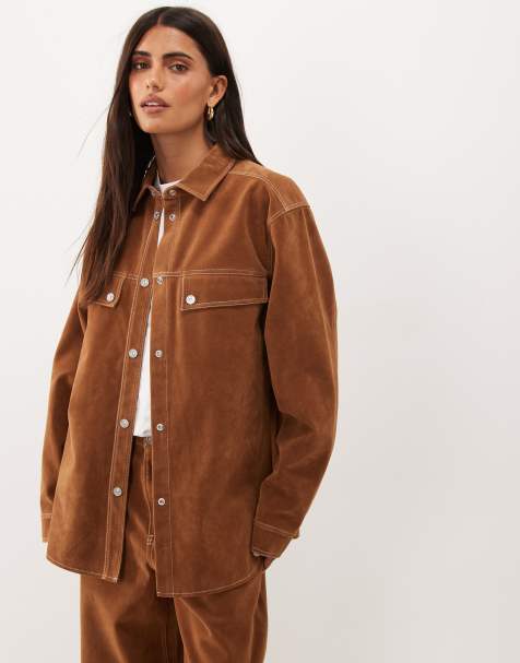 Good American faux suede oversized shirt in cafe clay (part of a set) - view 1