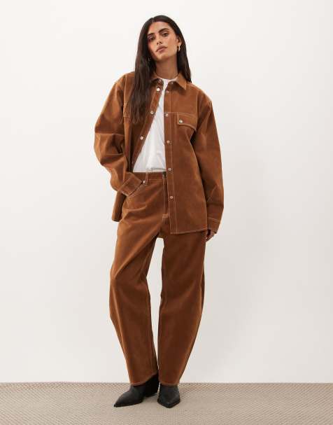Good American faux suede shirt and jean co-ord in cafe clay - view 1