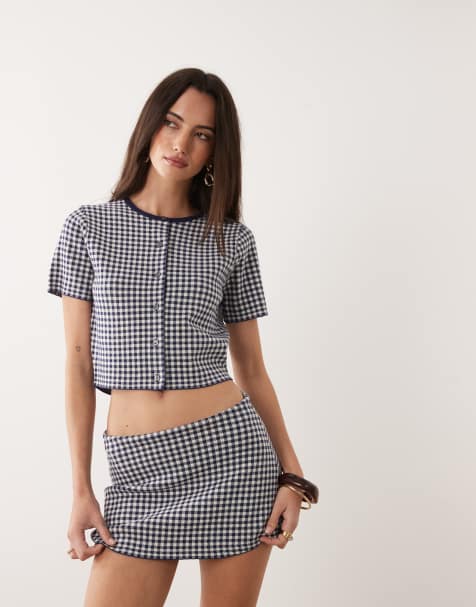 Good American fine knit round neck short sleeve button through top in navy gingham (part of a set) - view 1