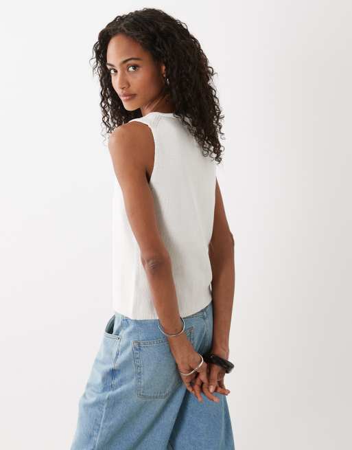 Good American fine knit v-neck button placket top in white, 2 of 4