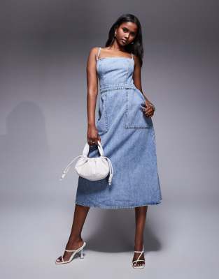 Good American fit for success lite linen look midi dress in mid blue - view 1