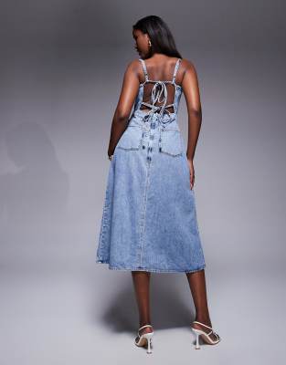 Good American fit for success lite linen midi dress in mid blue | ASOS