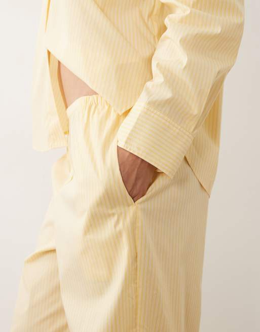 Good American - Gestreepte poplin broek met afwerking en elastische taille in citroengeel, deel van co-ord set, 4 van 5