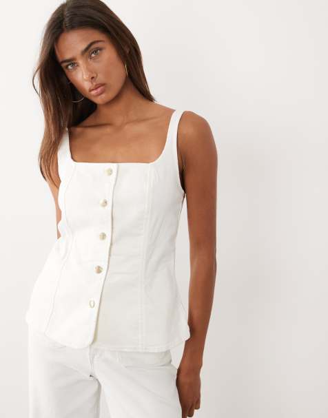 Good American - Gilet in denim bianco con bottoni sul davanti in coordinato - view 1