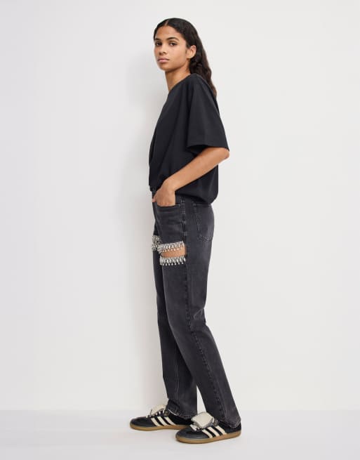 Good American good icon embellished straight leg jeans in black wash, 3 of 3