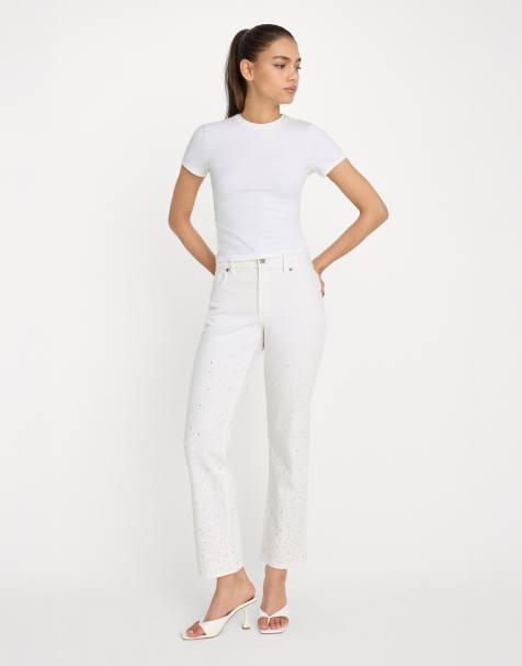 Good American Good Icon straight cropped pearl jeans in white - view 1