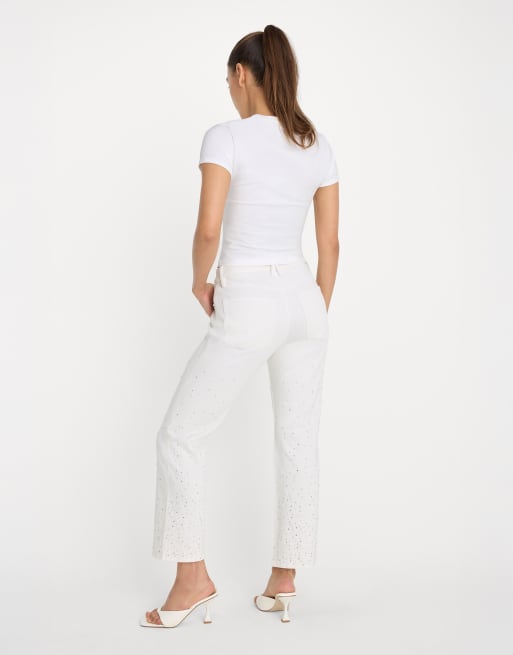 Good American good icon straight cropped pearl jeans in white, 4 of 4