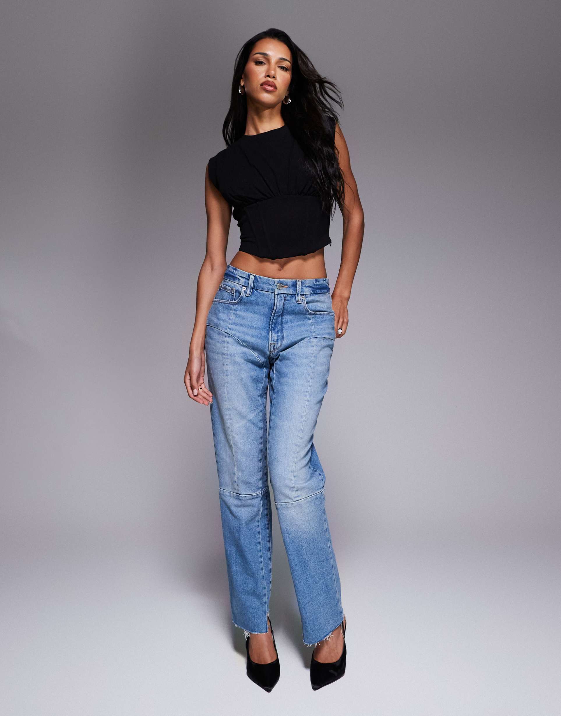 good american good icon straight jeans in mid wash blue